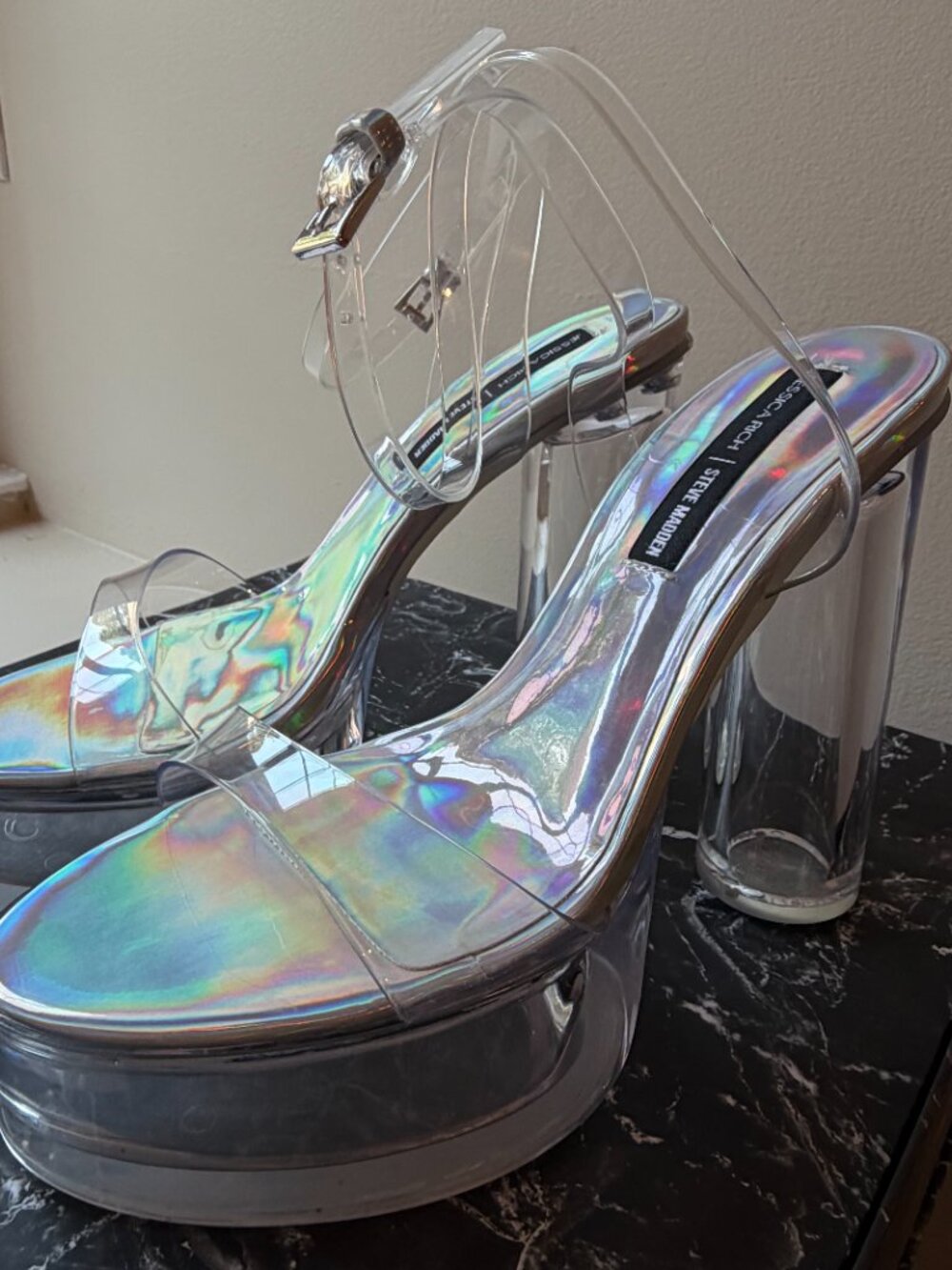 NEW Steve Madden x Jessica Rich Holographic Clear Platform Heels- US 7 - Picture 8 of 10